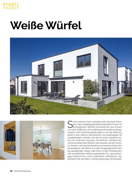 Am 30. Oktober 2023 wird das Haus Feldtmann, Fertighäuser 2024, als Stadthäuser. Weiße Würfel. vorgestellt.
