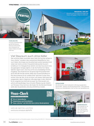 Das Haus Escher am 2. Juni im Family Home, Ausgabe 7-8/23 mit dem Titelthema: Häuser bis 300.000 EURO. Viel Stauraum auch ohne Keller.